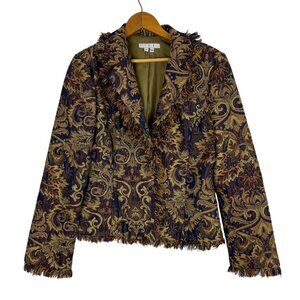 Vtg Brocade Tapestry Blazer Jacket Medium Floral Paisley Earth Tones Fringe 90s